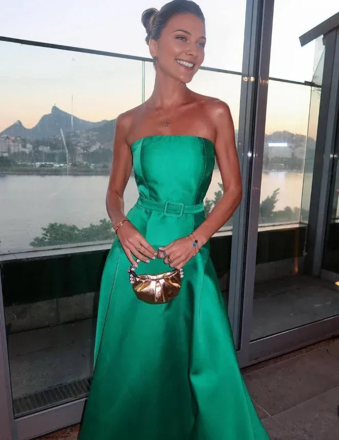 Robe Weitese élégante en satin vert, coupe trapèze, sans bretelles, longue, robe de soirée